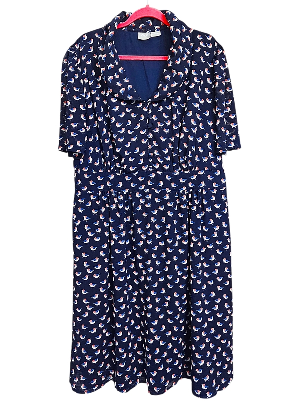 Eshakti Custom Made Bird Print Peter Pan Collar Short Sleeve Midi Dress XL 16/18